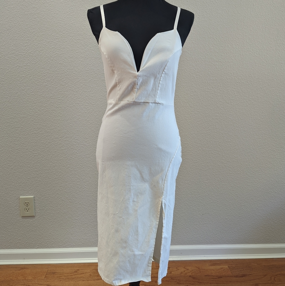 The Vintage Shop White Dress Slit Deep Plunge Large